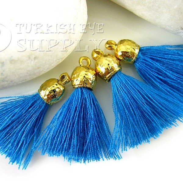 Air Force Blue Cotton Tassel, Mini Cotton Tassel, 22k Gold Plated Cap, Tassel Earring, Tassel Bracelet, Tassel Finding, Tassel Necklace, 4pc