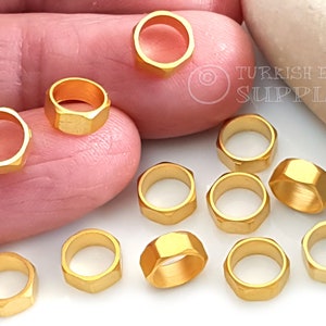 Gold Hexagon Spacer Beads, Large Hole Beads, Gold Bolt Nut Beads, 22k Gold Plated, Gold Hoop Beads, 10pc