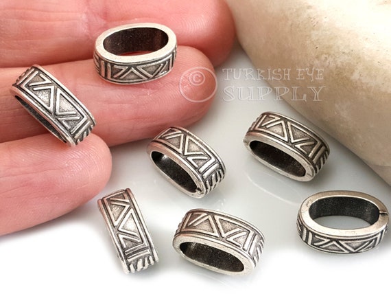 Large Tribal Beads, Silver Spacer Bead, Tube Bead, Leather Cord Bracelet  Spacers, Bali Beads, Large Hole Spacers, Silver Plated Beads, 2pc 