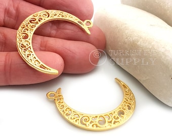 Gold Fretwork Crescent Pendant: Tribal Jewelry Component (3pc)