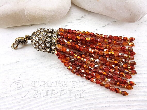 Orange AB Crystal Beaded Tassel Antique Bronze Ornate Tassel Cap Rustic Oriental Tassel Turkish Jewelry Gemstone Tassel Tassel Necklace Etsy France