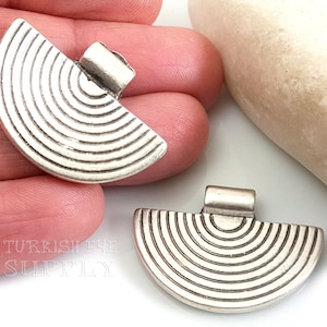 Silver Half Circle Pendant, Silver Half Moon Charms, Silver Plated Sun Charm, Silver Tribal Jewelry, Jewelry Components, 2pc