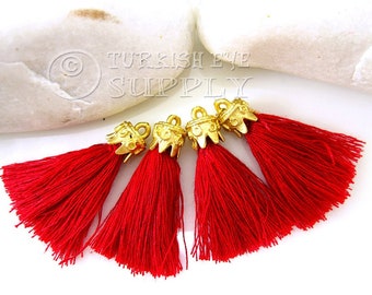 Red Tassel, Mini Cotton Thread Tassel, 22k Gold Plated Cap, Tassel Earring, Tassel Bracelet, Tassel Finding, Tassel Necklace, 4pc