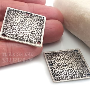 Silver Square Connector, Silver Plated Geometric 3 Hole Necklace Connector, Large Silver Textured Square Pendant, Tribal Jewelry, 2Pc