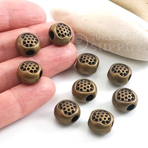 Antique Bronze Plated Tribal Spacer Beads, Round Large Hole Beads, 3 Pc