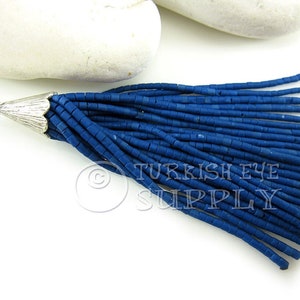 Dark Blue Beaded Tassel, Afghan Beaded Tassel, Silver Plated Cap, Tibetan Beaded Tassel, Heishi Beaded Tassel, Earring Tassel Pendant