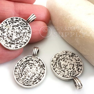 Greek Phaistos Disc Charm, Silver Medallion Pendant, Medallion Necklace, Ancient Greek Coin, Large Silver Coin Pendant, Rustic Coin Pendant