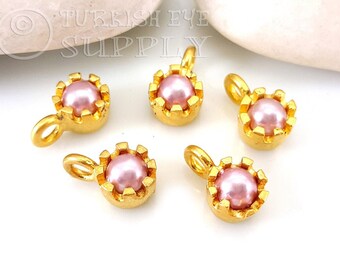 Pink Pearl Beaded  Drop Charms, Birthstone Jewelry, Gold Drop Charms, Gold Birthstone Jewelry, Mini Earring Charms, Bracelet Charms,  4 pc