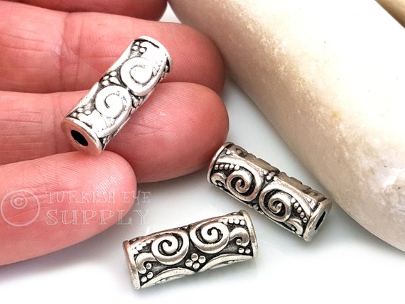 Large Tribal Beads, Silver Spacer Bead, Tube Bead, Leather Cord