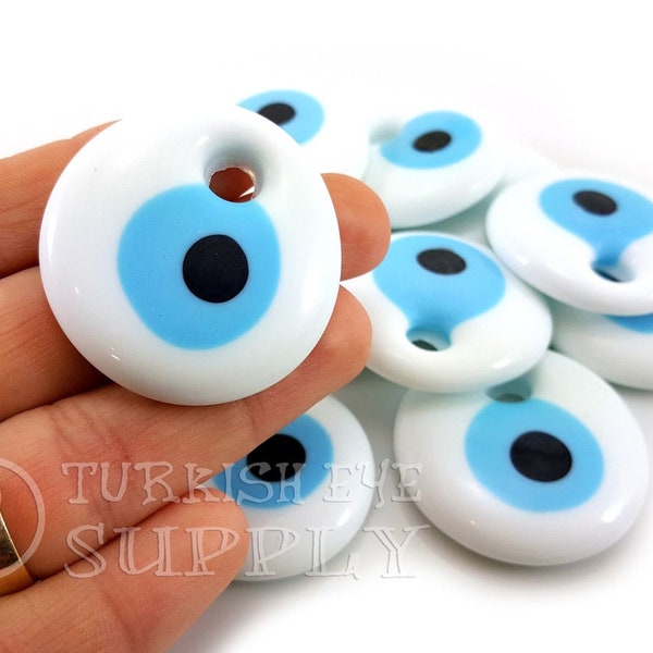 White Evil Eye, Glass Evil Eye Pendant, Turkish Evil Eye, Handmade Round Evil Eye, Home Decor, Protective Good Luck Amulet, Artisan Beads