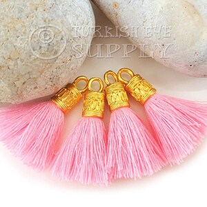 Pink Cotton Tassel, Mini Cotton Tassel, 22k Gold Plated Cap, Tassel Earrings, Tassel Bracelet, Tassel Findings, Tassel Necklace, 4pc