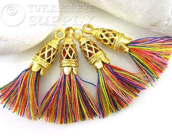 Multicolor Tassel, Mini Cotton Tassel, Gold Cap Tassel Jewelry, Tassel Charm, Tassel Earring, Tassel Findings, Tassel Necklace, 4 pc