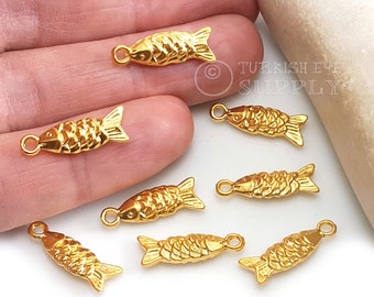 Mini Fish Charms, Gold Fish Charms, 22k Gold Plated Charms, Weighty Fish Charms, Bracelet Charms, Mini Fish Pendant, 10Pc