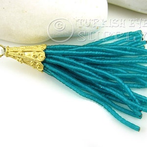 Translucent Aqua Beaded Tassel, Blue Seed Beaded Tassel, Afghan Tassel Charm, Gold Tassel Pendant, Heishi Beaded Tassel, Earring Tassels