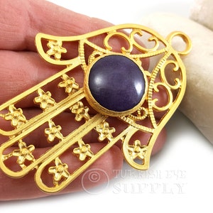 Large Gold Hamsa Pendant with Amethyst Purple Jade Stone, Hand of Fatima Pendant, Gold Hamsa Findings, Turkish Jewelry, 1 Pc