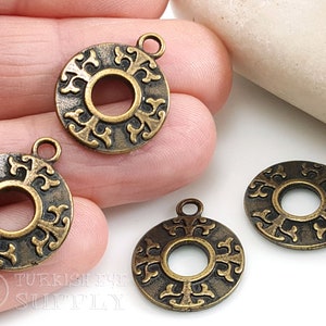 Bronze Hoop Charms, Tribal Hoop Charms, Round Pendant, Bronze Earring Charms, Antique Bronze Plated,  Tribal Jewelry, Ethnic Charms, 4pc