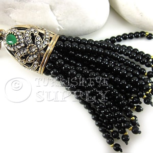 Black Jade Beaded Gemstone Tassel with Antique Bronze Ornate Tassel Cap Clear and Red Rhinestones, Turkish Jewelry, Tassel Pendant