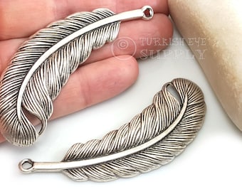 Large Feather Pendant, Silver Feather Pendant, Antique Silver Plated Feather Charms, Silver Jewelry, 1pc