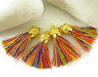 Multicolor Tassel, Mini Cotton Thread Tassel, 22k Gold Plated Cap, Tassel Earring, Tassel Bracelet, Tassel Findings, Tassel Necklace, 4pc