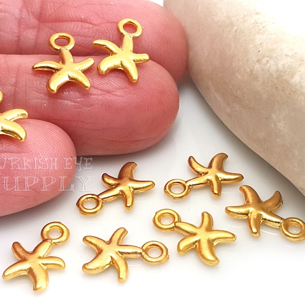 Gold Starfish Charms, Mini Sea Star Charms, Starfish Necklace, Gold Starfish Pendants, Nautical Charms, Summer Jewelry, Beach Charms, 12Pc