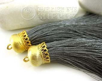 Tassel Pendant Dark Gray, Handmade Silk Thread Tassel, Gold Tassel Necklace, Tassel Charms, Tassel Earring Findings, Tassel Jewelry, 1pc