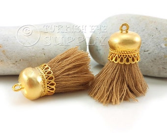 Beige Tassel Charm, Short Cotton Tassel, Thread Tassel, 22k Gold Plated Cap, Tassel Bracelet, Tassel Necklace Jewelry, 2pc