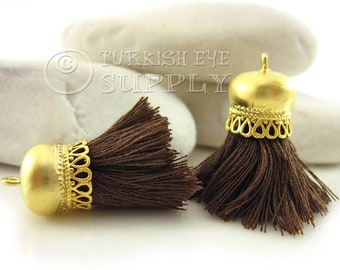 Brown Tassel Charm, Short Cotton Tassel, Thread Tassel, 22k Gold Plated Cap, Tassel Bracelet, Tassel Necklace Jewelry, 2pc