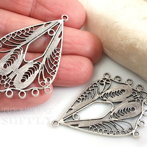 Filigree Chandelier Earring Component Pendant, Silver Plated Multiple Loop Earring Charms, Turkish Silver Jewelry, Multiloop Connectors, 2Pc
