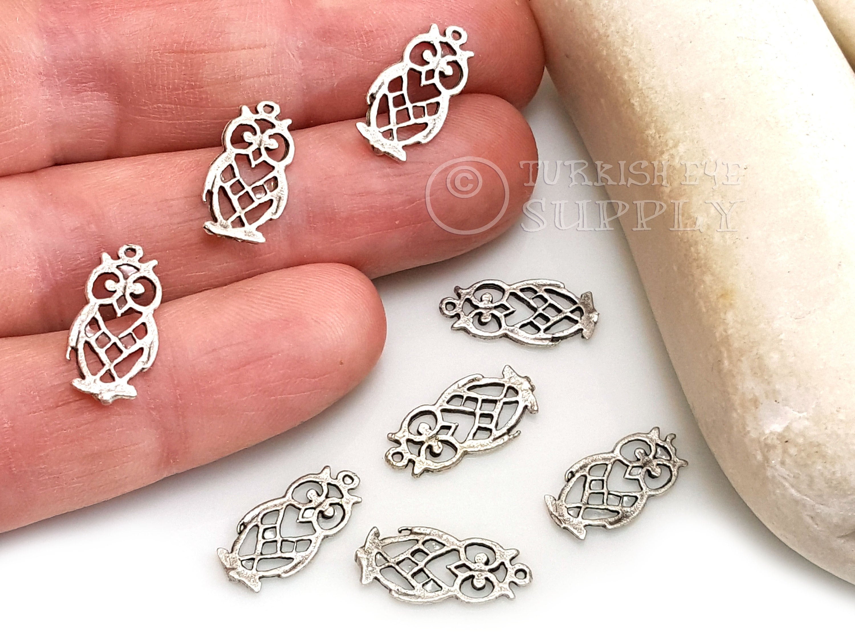 Mini Silver Owl Charms, Silver Fretwork Owl Pendant, Antique Silver Plated Owl Charms, Silver Jewelr