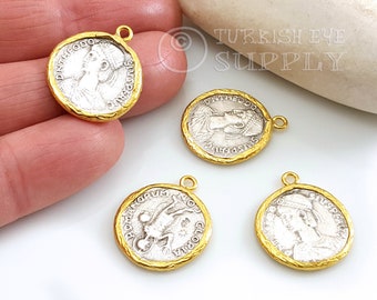 Dije de moneda griega antigua bañado en plata, colgante de moneda con medallón romano dorado, 1 pieza