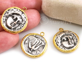Silver Greek Coin Charm, Ancient Greek Coin Pendant, Helios Medallion Pendant, 1pc