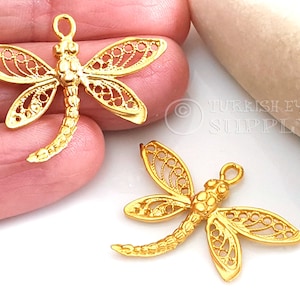 Gold Dragonfly Charms, Filigree Dragonfly Pendants, 22k Gold Plated, Dragonfly Jewelry Findings, 2pc