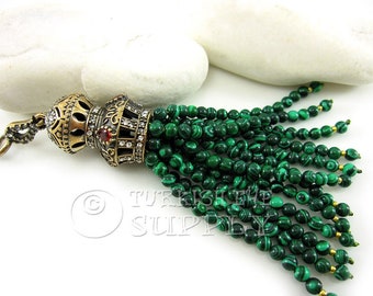 Green Malachite Beaded Tassel, Tassel Pendant, Green Tassel, Antique Bronze Ornate Pave Tassel Cap, Turkish Tassel Pendant