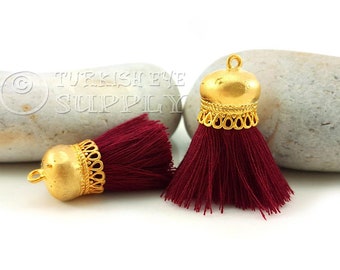 Burgundy Tassel Charm, Short Cotton Tassel, Thread Tassel, 22k Gold Plated Cap, Tassel Bracelet, Tassel Necklace Jewelry, 2pc