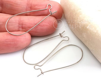 Long Kidney Ear Wires, Silver Earring Hooks, Ear Wire Beading Drops, Earring Jewelry Findings, Silver Earring Beading Components, 20Pc