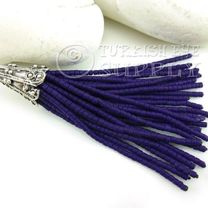Royal Blue Beaded Tassel, Blue Seed Beaded Tassel, Afghan Tassel Charm, Silver Tassel Pendant, Heishi Beaded Tassel, Earring Tassels