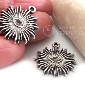 Silver Evil Eye Charm, Sun Ray Charm, All Seeing Eye Pendant, Evil Eye Amulet Pendant, Talisman Jewelry Findings, 2pc