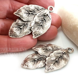 Silver Leaf Pendant, Large Silver Leaf Charm, Triple Leaf Pendant, Silver Leaf Findings, Leaf Jewelry, Turkish Jewelry, 1Pc