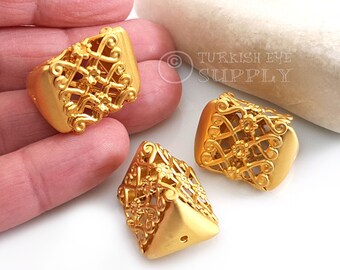 Large Gold Pyramid Beads, Gold Floral Fretwork Beads, Gold Spacer Beads, 22k Gold Plated, 1Pc