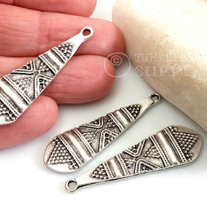 Silver Tribal Charms, Long Textured Pendants, Silver Earring Charms Findings, Ethnic Silver Charms, Silver Jewelry, 2 Pc