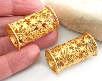 Large Gold Tube Bead, Gold Tube Bead Findings, Floral Fretwork Tube Spacer, 22k Gold Plated, 1Pc