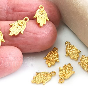 Tiny Gold Hamsa Hand Charms, Mini Gold Hamsa Charms, Hand of Fatima Charms, 22k Gold Plated, 10Pc