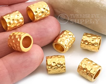 Large Gold Spacer Beads, Large Dimpled Tube Bead, Hammered Tube Spacer, Leather Cord Bracelet Spacer, Large Hole Spacer, 4pc