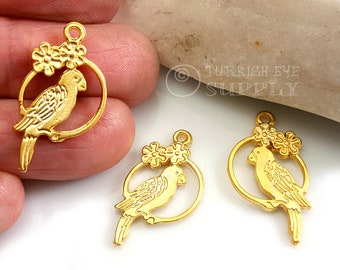 Mini Gold Bird Charms, Gold Parrot Charms, Mini Gold Charms, Bird Necklace Charms, Bird Findings, 3Pc