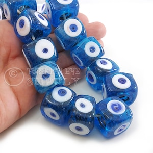 Traditional Blue Evil Eye Beads, Large Hole Glass Cube Beads, Turkish Artisan Handmade Murano Glass Beads, 1pc