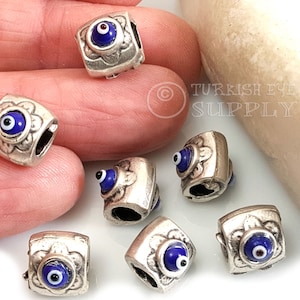 Silver Tube Spacer Beads with Glass Evil Eye, Silver Evil Eye Spacer Beads, Blue Evil Eye Beads, Bracelet Beads, Evil Eye Findings, 5pc