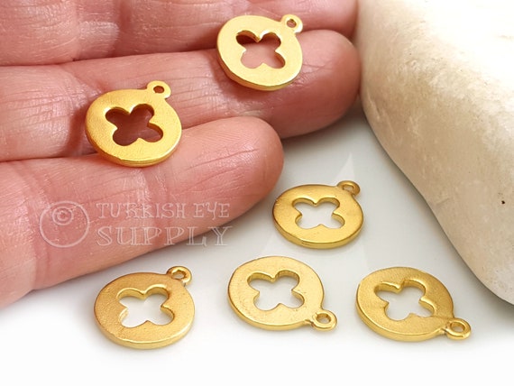 Gold Clover Charms, Gold Clover Jewelry Findings, Gold Clover Pendant, 22k Gold Plated, Gold Dis0c Clover Charm, 6pc