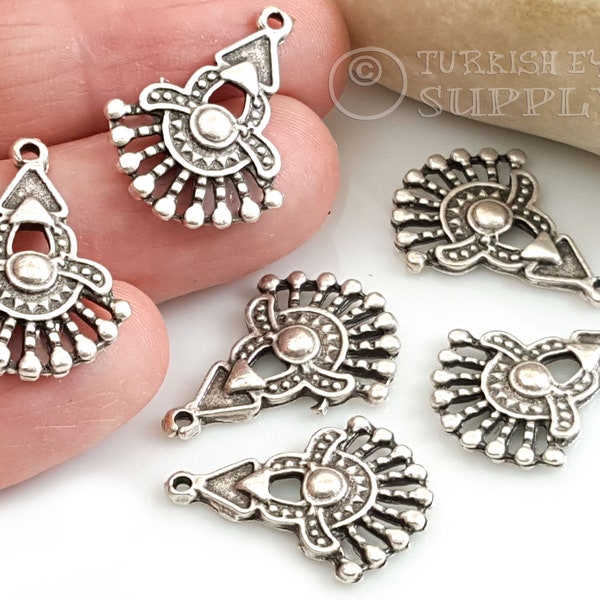 Tribal Silver Drop Charms, Tibetan Silver Charms, Tribal Earring Findings, Ethnic Charms, Bali Charms, 4 pc