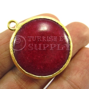 Gemstone Pendant, Dark Scarlet Jade Pendant, 22k Gold Plated Bezel, 26mm Round Smooth Gemstone Pendant, Necklace Pendant