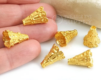 Tapas de cono doradas, tapas de cuentas doradas, tapa de cuenta cónica, accesorios de tapa de cono con textura tribal, 2 piezas